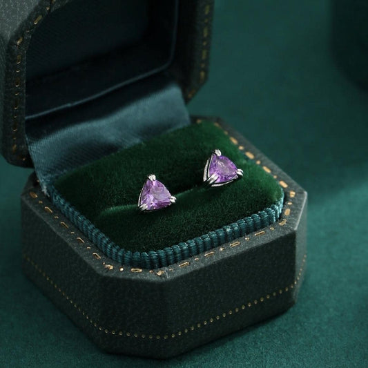 Genuine Amethyst Trillion Cut Stud Earrings in Sterling Silver, 4mm Trillion Cut, Tiny Amethyst Stud Earrings