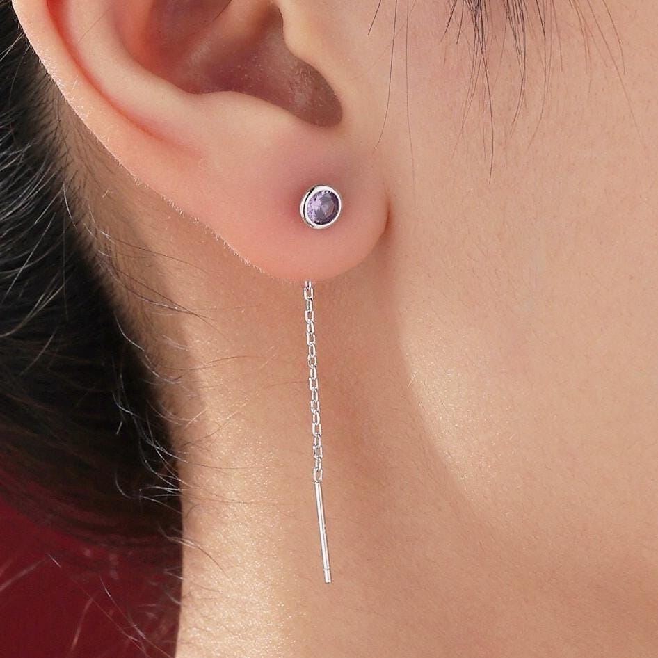 Amethyst Purple Bezel CZ Crystal Threader Earrings in Sterling Silver, Silver or Gold, Minimalist Crystal Ear Threaders