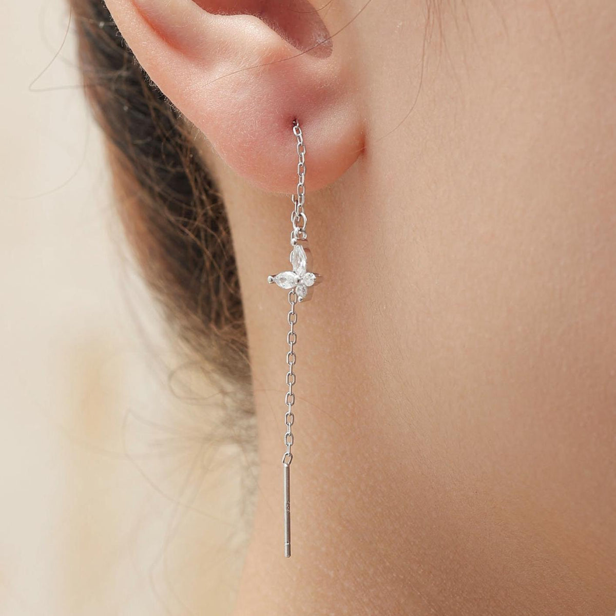 Sterling Silver CZ Butterfly Ear Threaders, Butterfly Threader Earrings, Dainty Butterfly Dangle Earrings, Butterfly Earrings