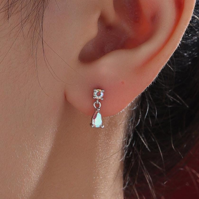 Tiny Aurora CZ Dangle Stud Earrings in Sterling Silver with Round and Droplet CZ, Silver or Gold, Two CZ Prong Set Earrings, Colour Changing