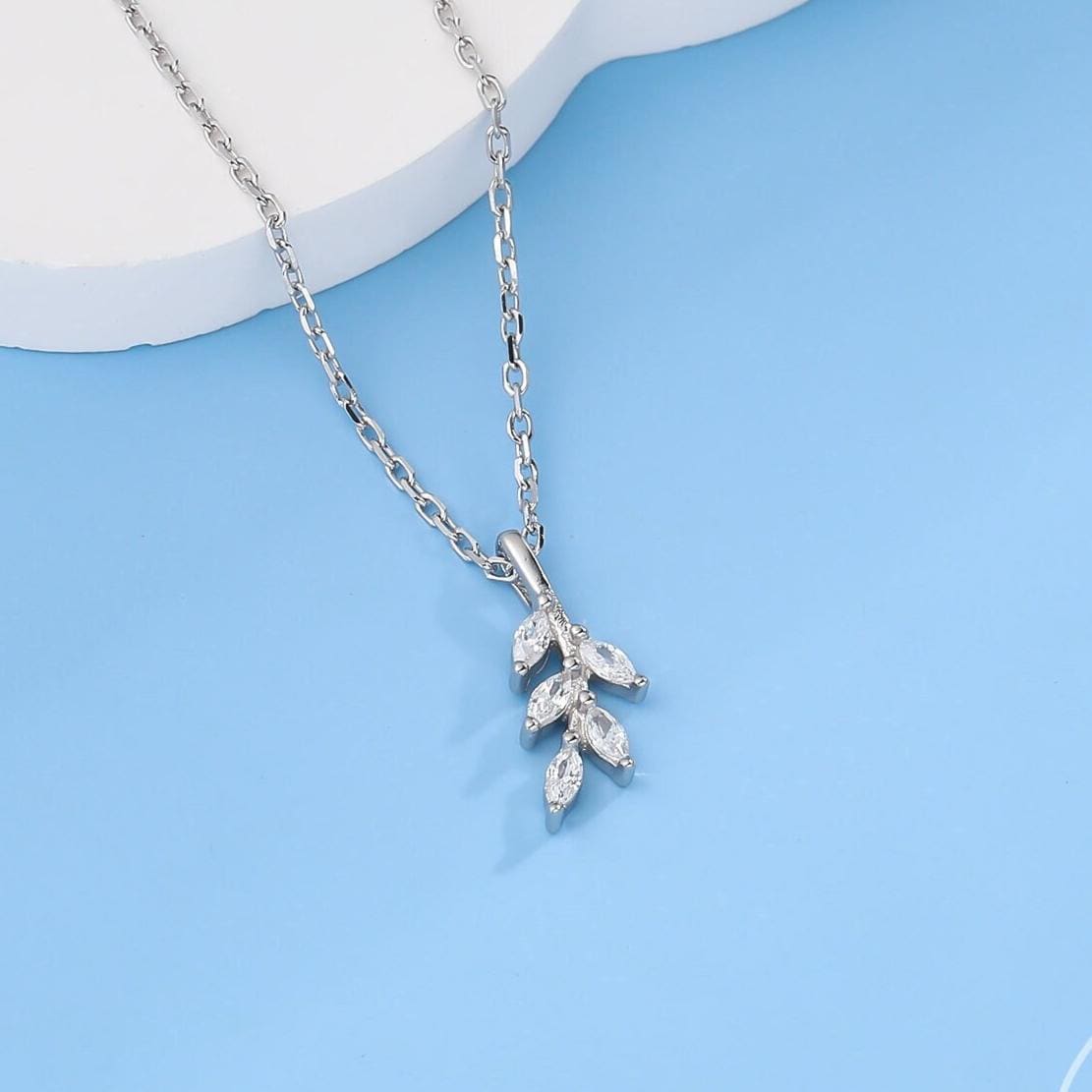 Tiny Little CZ Leaf Pendant Necklace in Sterling Silver, Olive Leaf Necklace, Olive Branch Necklace, Nature Inspired
