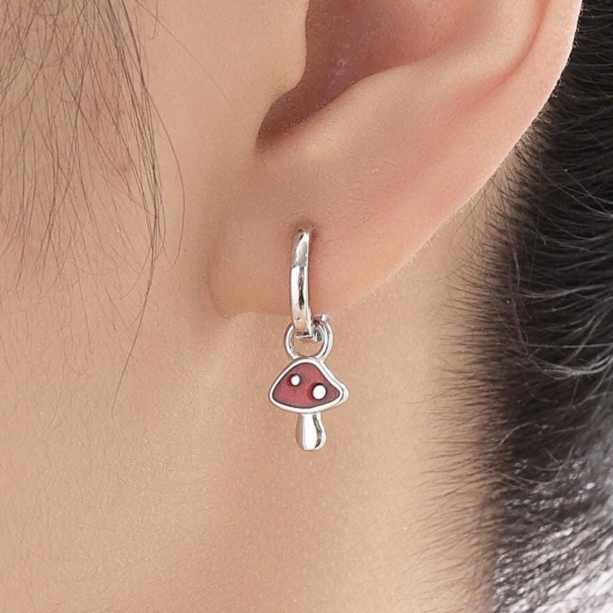 Dangling Enamel Mushroom Huggie Hoops in Sterling Silver, Silver or Gold, Mushroom Huggies, Mushroom Earrings, Detachable Charms