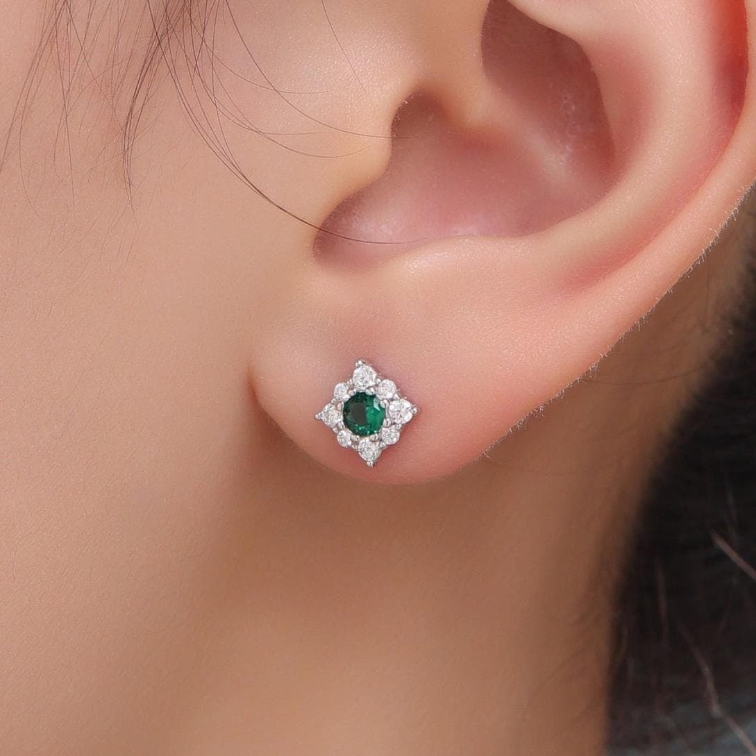 Tiny Emerald Green CZ Halo Stud Earrings in Sterling Silver, Silver or Gold, Vintage Inspired, Tiny CZ Stud Earrings, May Birthstone