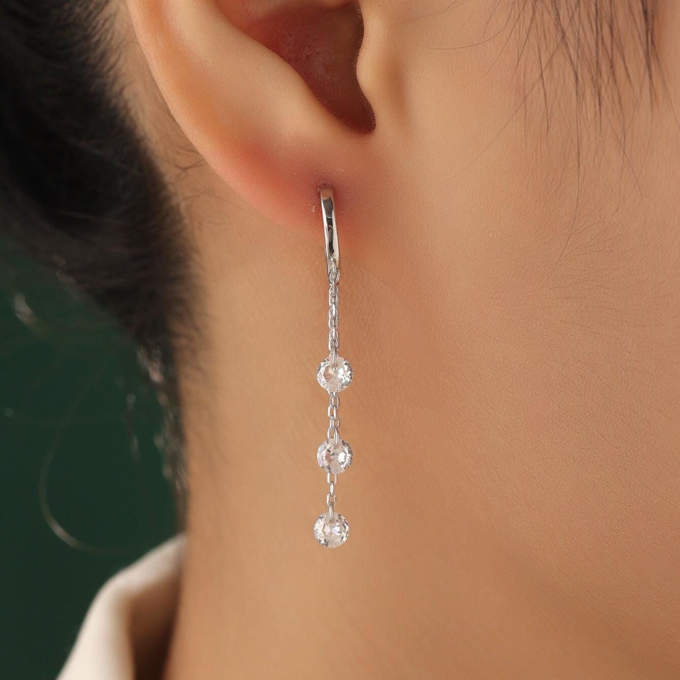 CZ Cascade Huggie Hoop Earrings in Sterling Silver, Silver or Gold, Geometric CZ Dangle Hoop Earrings, CZ Hoop Earrings