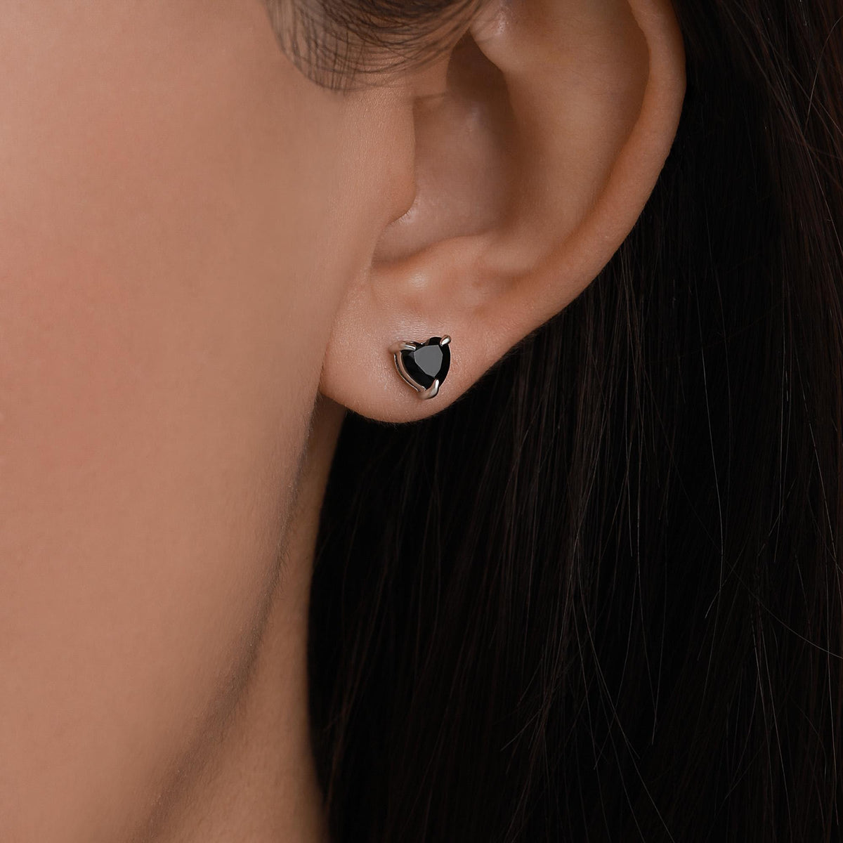 Sterling Silver Black Onyx Heart Stud Earrings