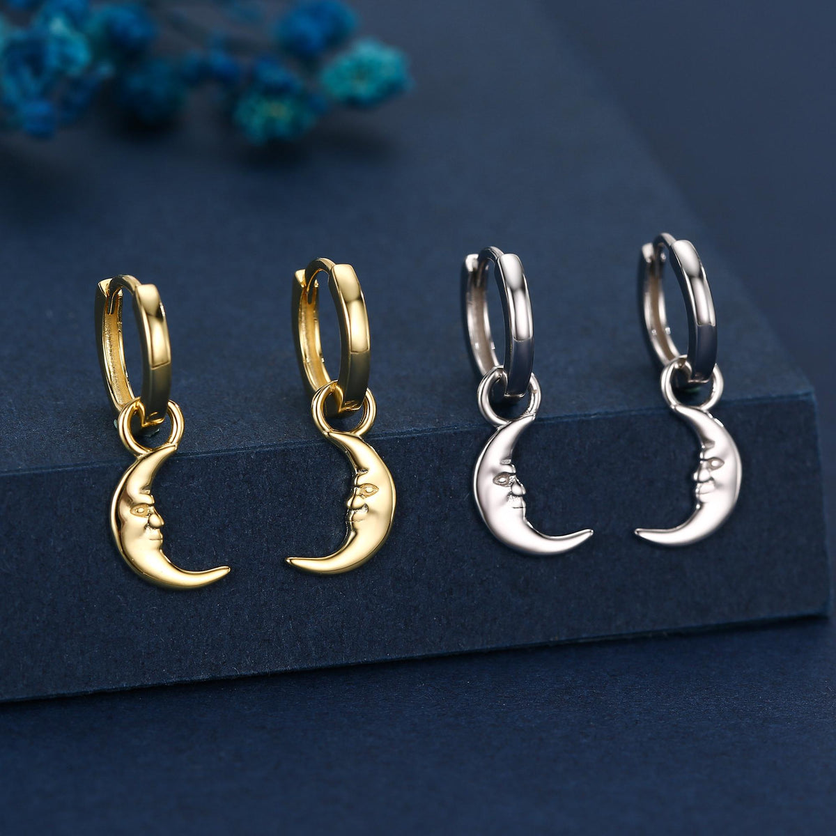 Sterling Silver Moon Face Hoop Earrings, Detachable Charm Dangle Hoop Earrings, Silver or Gold, Interchangeable Charms
