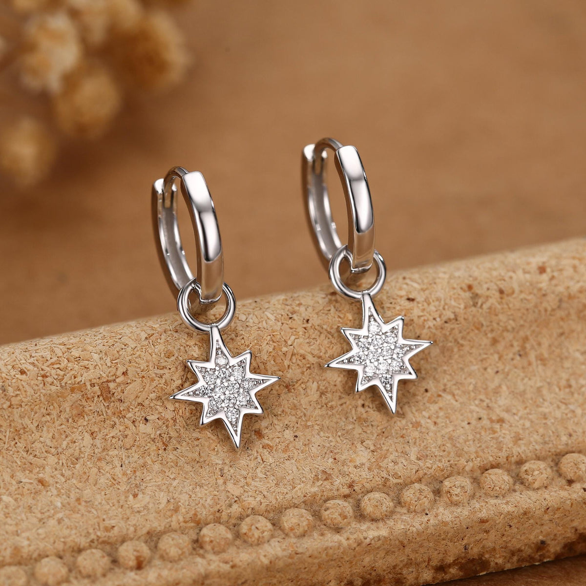 Starburst Charm Huggie Hoop Earrings in Sterling Silver with Detachable Star Burst Charms, North Star Celestial Geometric Design