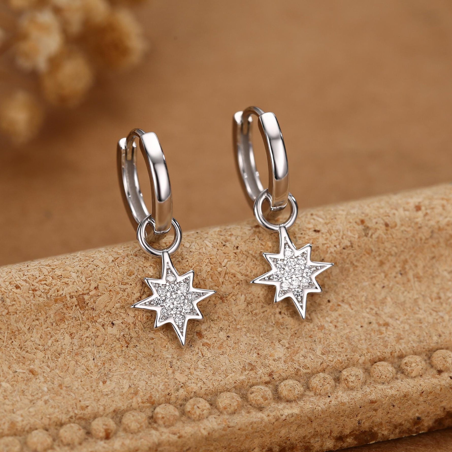 Starburst Charm Huggie Hoop Earrings in Sterling Silver with Detachable Star Burst Charms, North Star Celestial Geometric Design