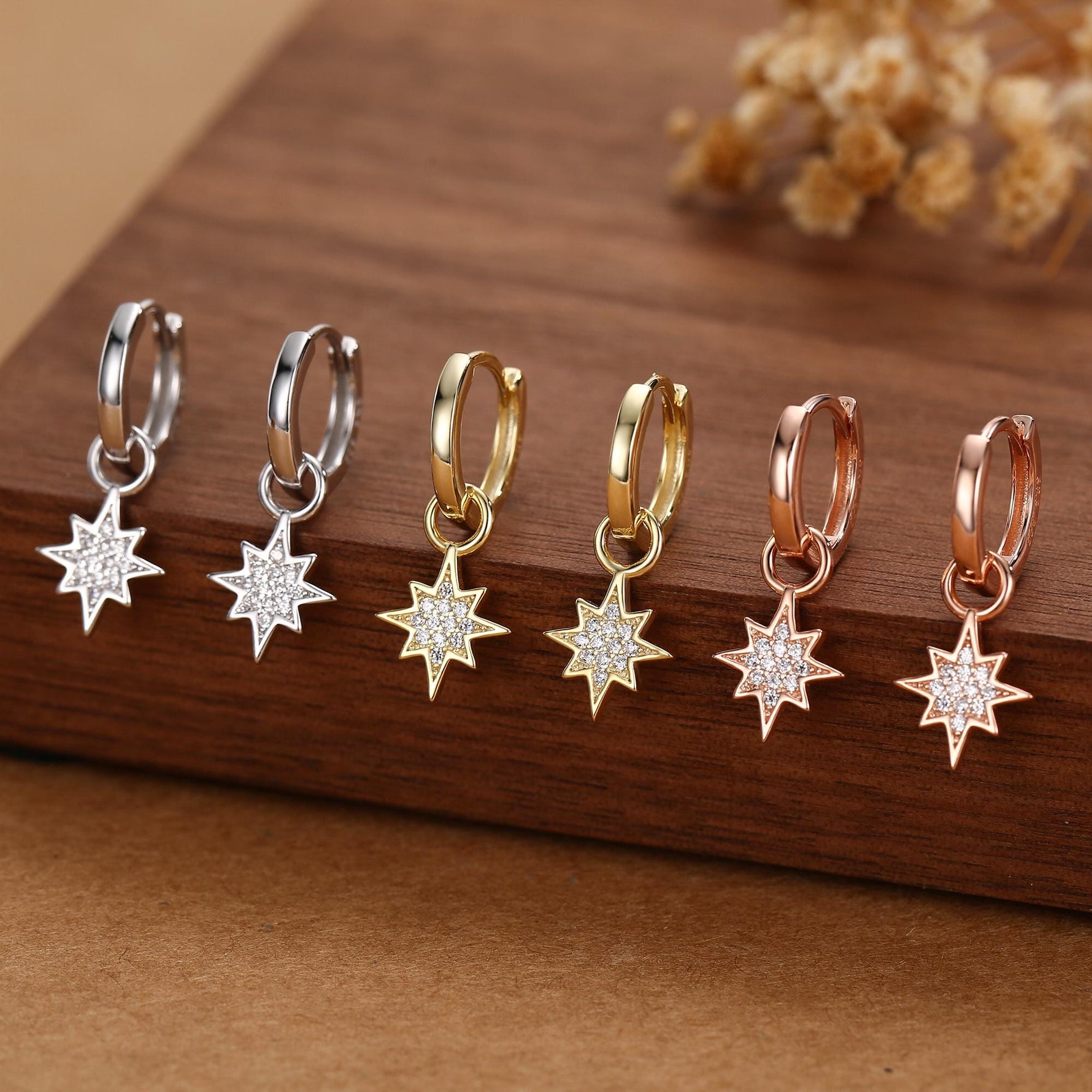Starburst Charm Huggie Hoop Earrings in Sterling Silver with Detachable Star Burst Charms, North Star Celestial Geometric Design