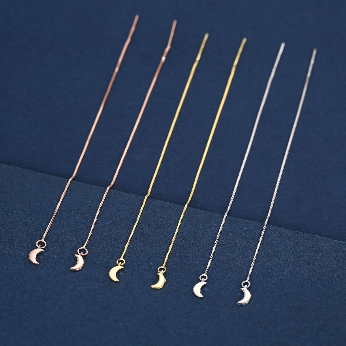 Crescent Moon Threader Earrings in Sterling Silver, Silver or Gold, Moon Ear Threaders, 10cm long threaders, Double Piecing Threaders