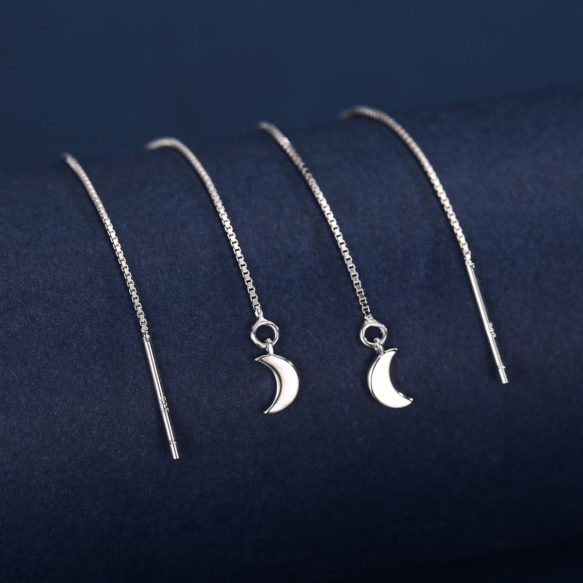 Crescent Moon Threader Earrings in Sterling Silver, Silver or Gold, Moon Ear Threaders, 10cm long threaders, Double Piecing Threaders