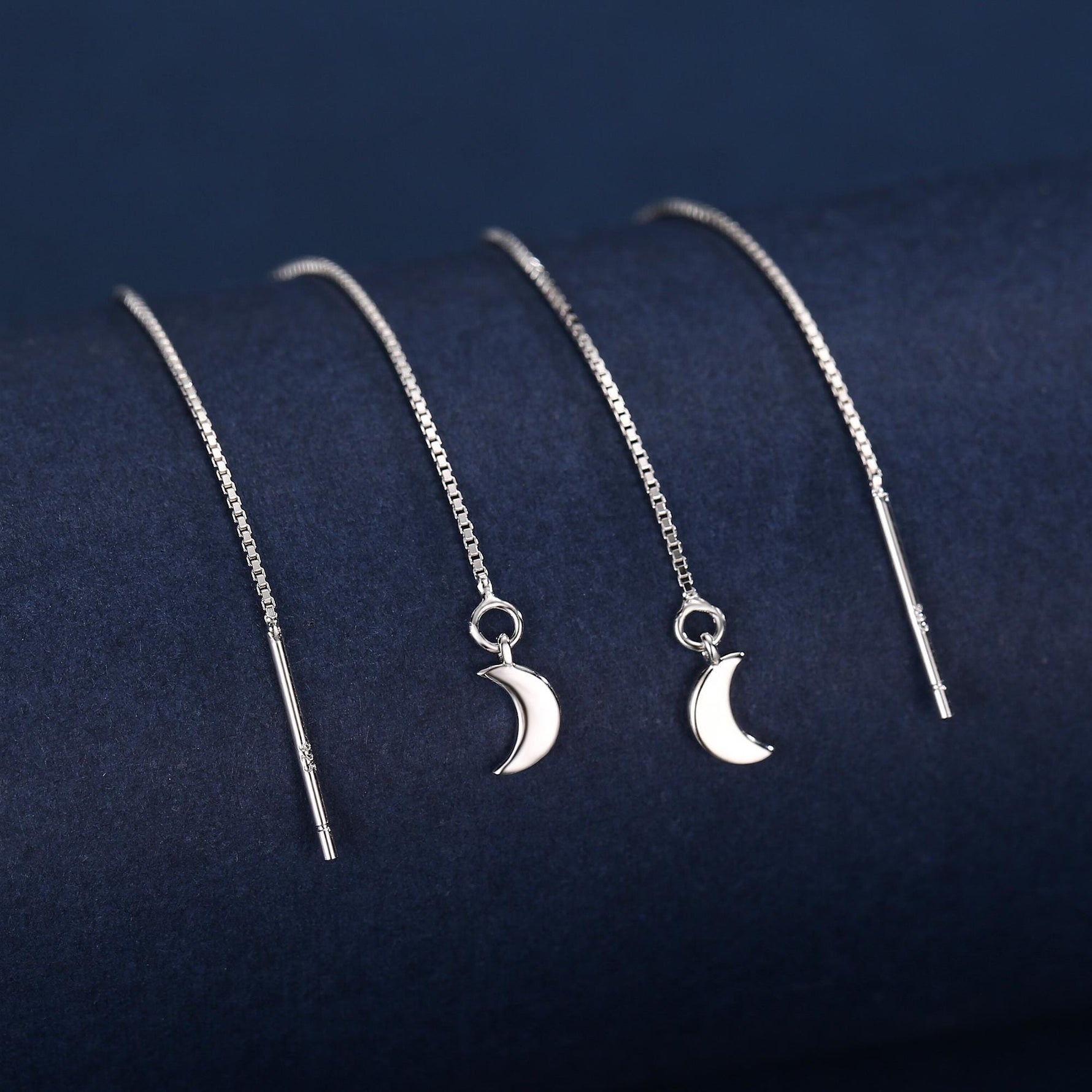 Crescent Moon Threader Earrings in Sterling Silver, Silver or Gold, Moon Ear Threaders, 10cm long threaders, Double Piecing Threaders