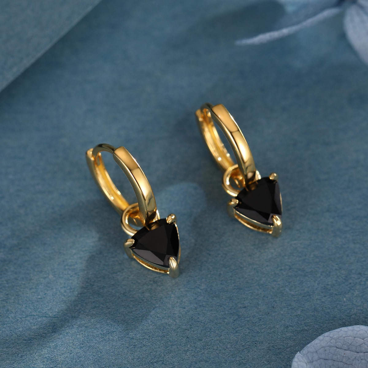 Sterling Silver Black Trillion Cut CZ Hoop Earrings, Silver or Gold, Triangle Dangle Hoop Earrings, Interchangeable Charm