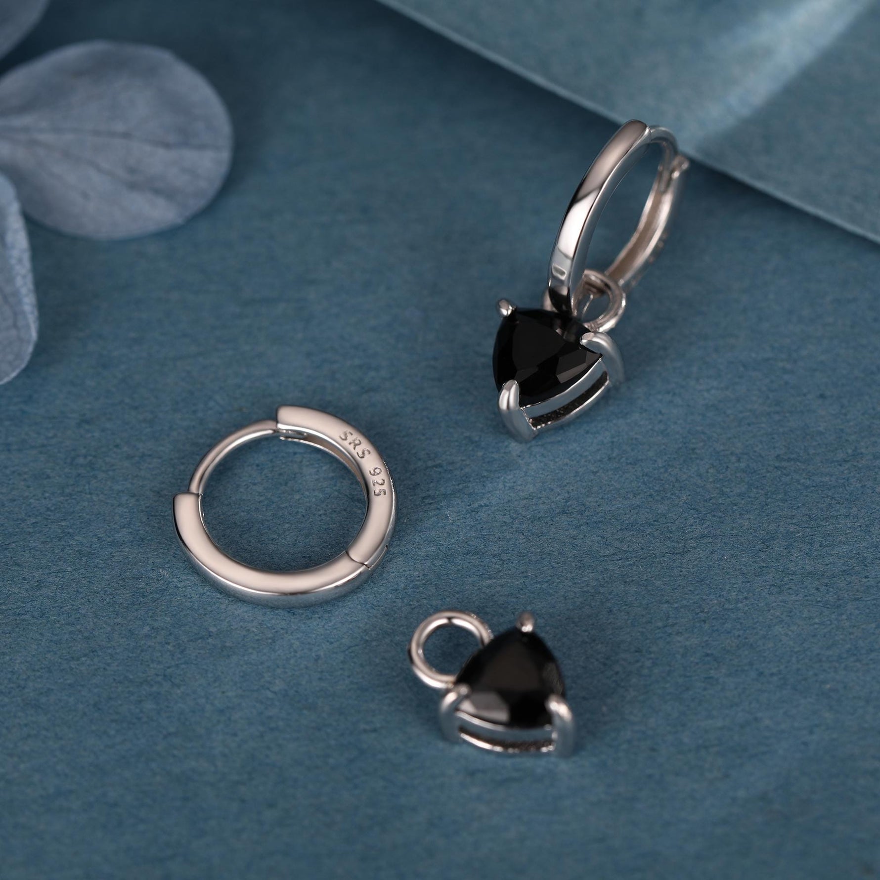 Sterling Silver Trillion Cut Black CZ Charms for Huggie Hoops Earrings