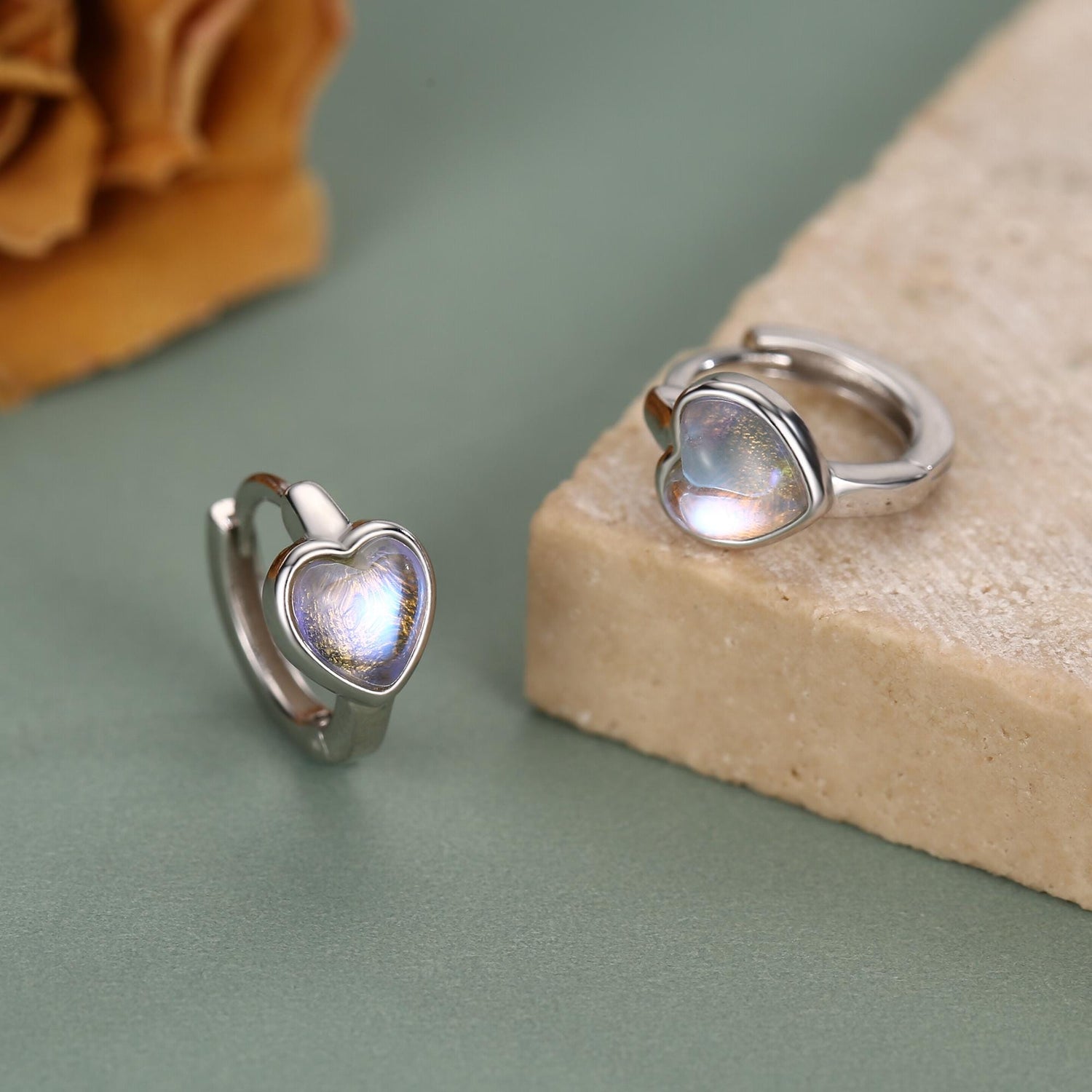 Moonstone Heart Huggie Hoop Earrings in Sterling Silver, Silver or Gold, Simulated Moonstone Heart Hoops, Heart Hoops