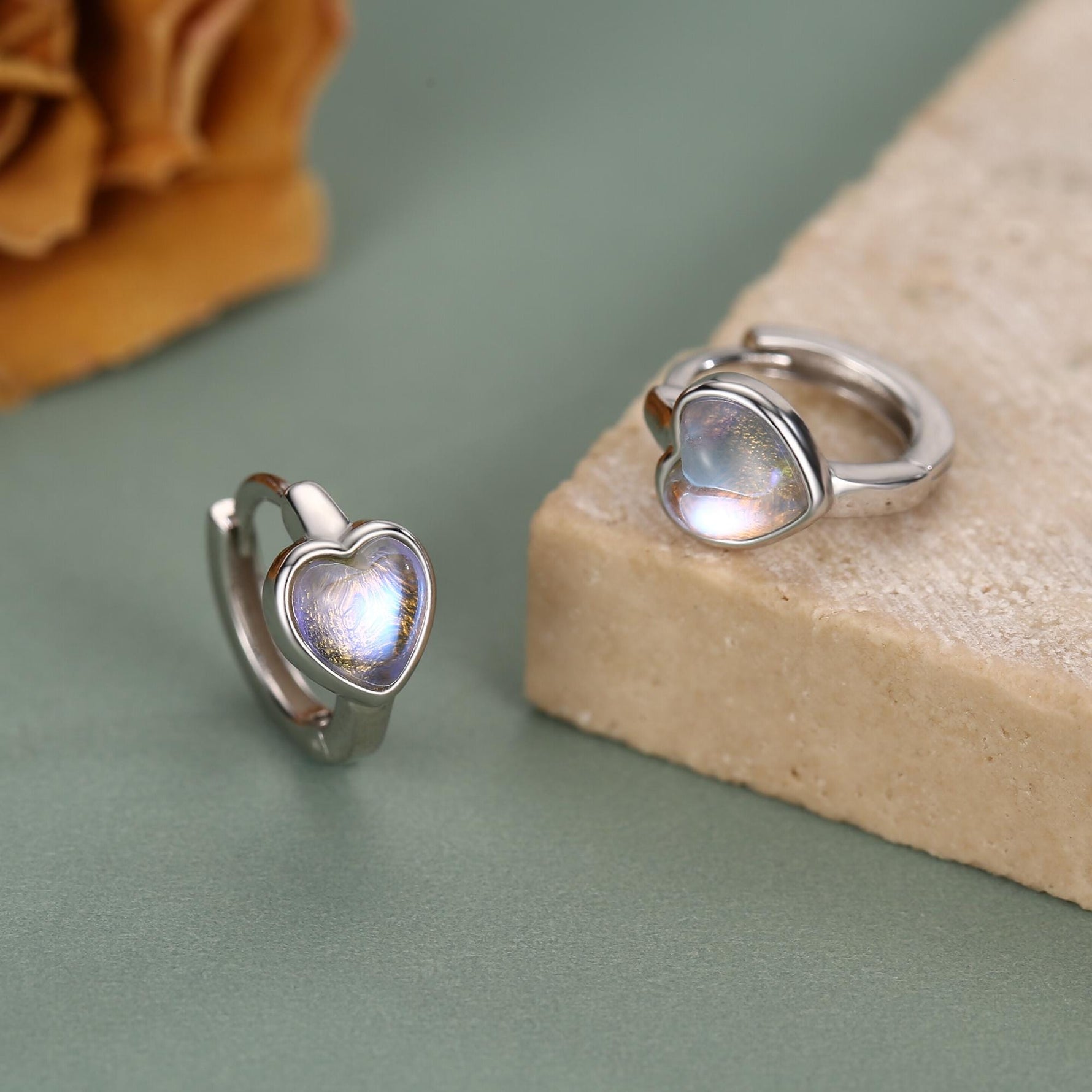 Moonstone Heart Huggie Hoop Earrings in Sterling Silver, Silver or Gold, Simulated Moonstone Heart Hoops, Heart Hoops