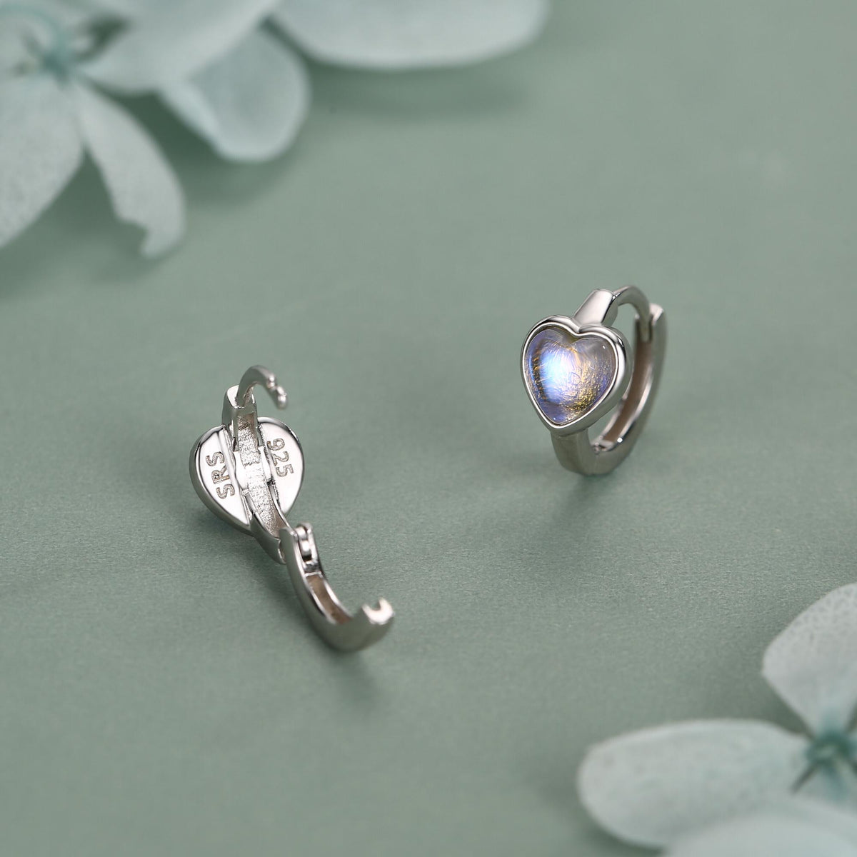 Moonstone Heart Huggie Hoop Earrings in Sterling Silver, Silver or Gold, Simulated Moonstone Heart Hoops, Heart Hoops