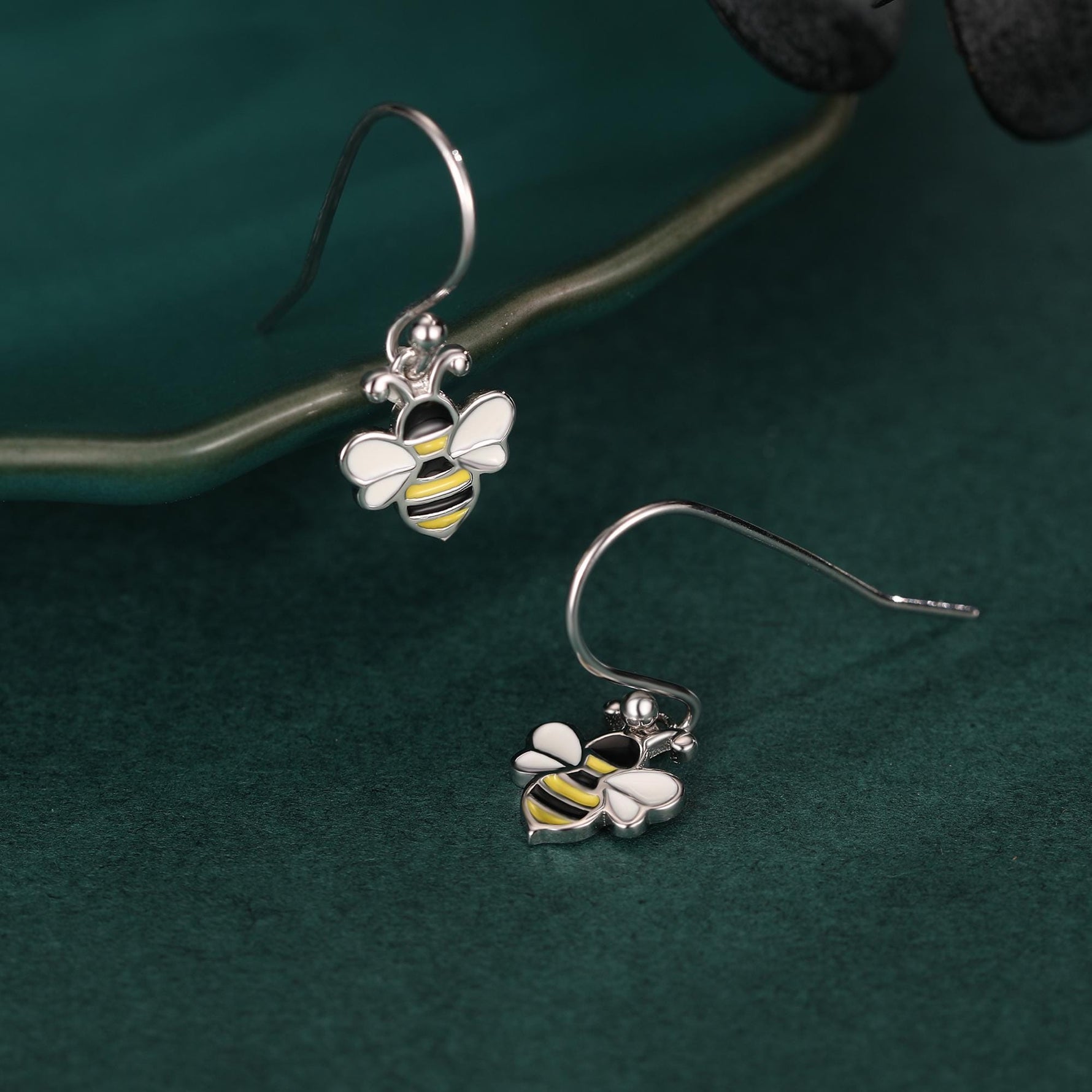 Enamel Bumble Bee Drop Earrings in Sterling Silver, Earrings, Tiny Bee Earrings, Tiny Bee Hook Earrings, Silver Bee Earrings