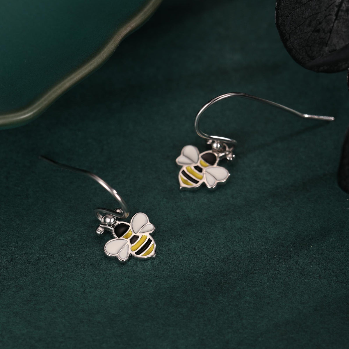 Enamel Bumble Bee Drop Earrings in Sterling Silver, Earrings, Tiny Bee Earrings, Tiny Bee Hook Earrings, Silver Bee Earrings