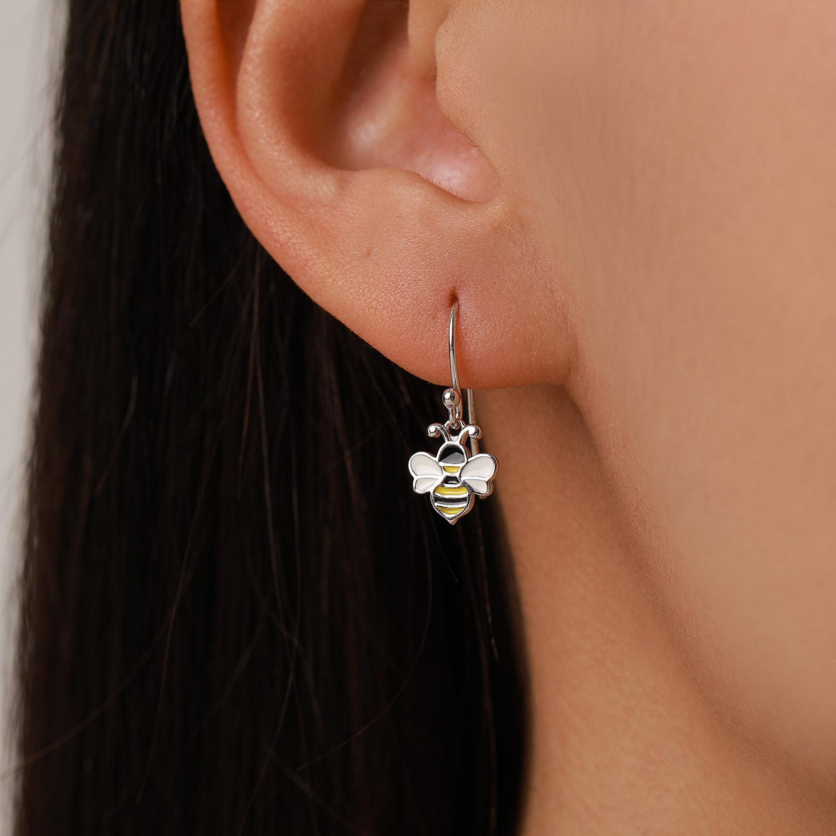 Enamel Bumble Bee Drop Earrings in Sterling Silver, Earrings, Tiny Bee Earrings, Tiny Bee Hook Earrings, Silver Bee Earrings