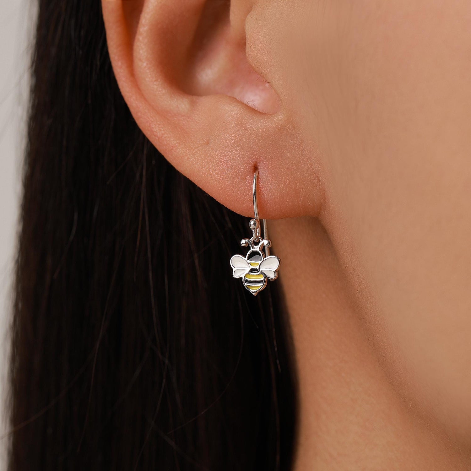 Enamel Bumble Bee Drop Earrings in Sterling Silver, Earrings, Tiny Bee Earrings, Tiny Bee Hook Earrings, Silver Bee Earrings
