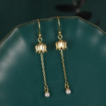 Lily of the valley with Dangle Pearl Dangle Earrings in Sterling Silver, Lily of the Valley Flower Dangle Earrings - Long Chain