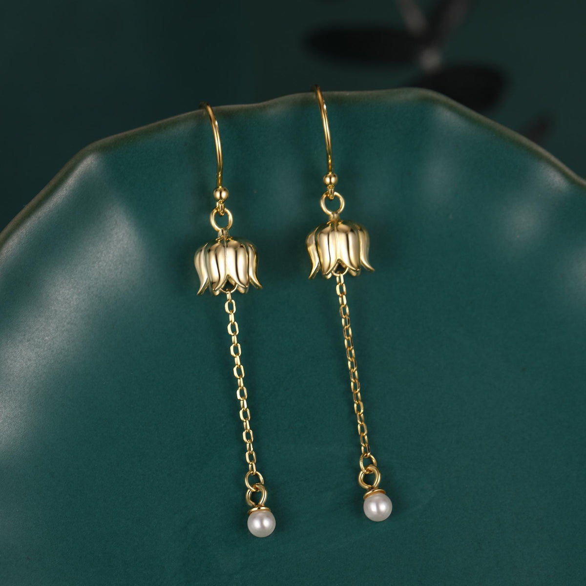 Lily of the valley with Dangle Pearl Dangle Earrings in Sterling Silver, Lily of the Valley Flower Dangle Earrings - Long Chain