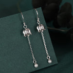 Lily of the valley with Dangle Pearl Dangle Earrings in Sterling Silver, Lily of the Valley Flower Dangle Earrings - Long Chain