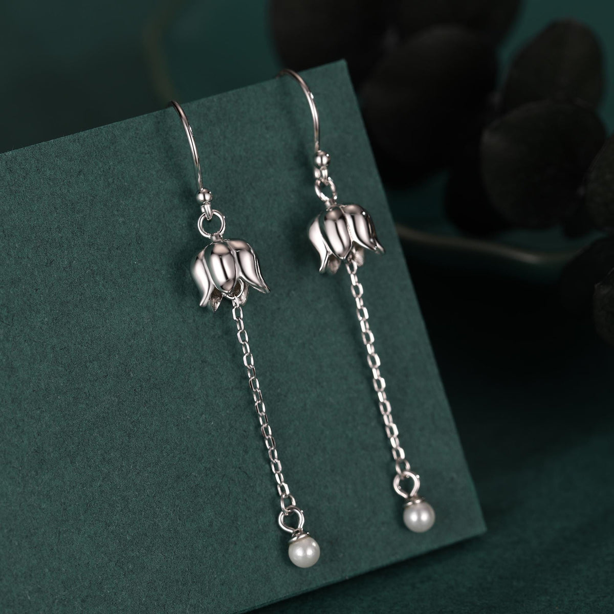 Lily of the valley with Dangle Pearl Dangle Earrings in Sterling Silver, Lily of the Valley Flower Dangle Earrings - Long Chain