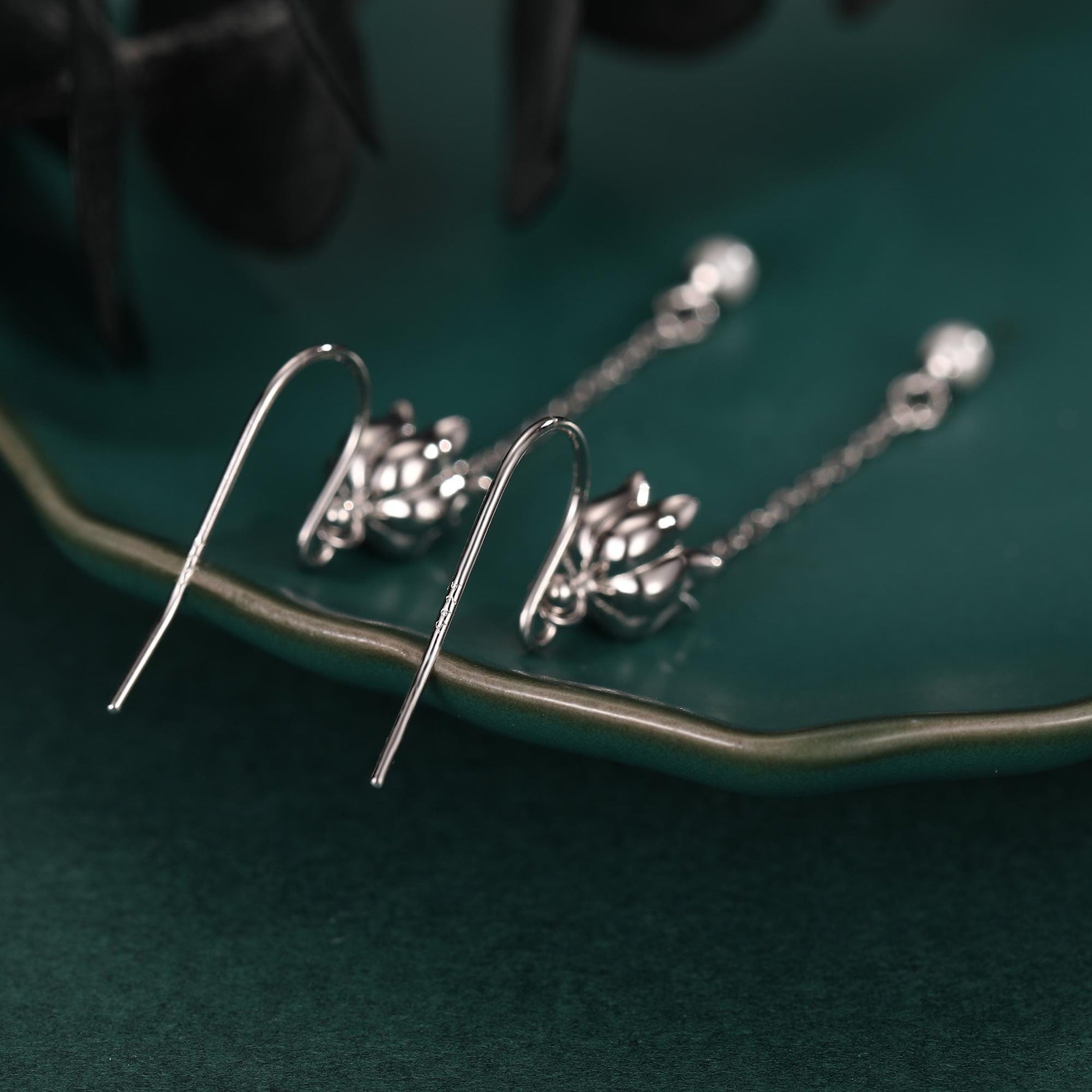 Lily of the valley with Dangle Pearl Dangle Earrings in Sterling Silver, Lily of the Valley Flower Dangle Earrings - Long Chain