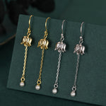 Lily of the valley with Dangle Pearl Dangle Earrings in Sterling Silver, Lily of the Valley Flower Dangle Earrings - Long Chain