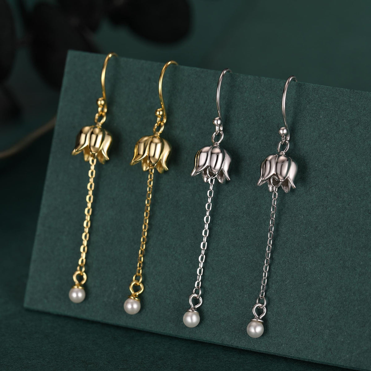 Lily of the valley with Dangle Pearl Dangle Earrings in Sterling Silver, Lily of the Valley Flower Dangle Earrings - Long Chain