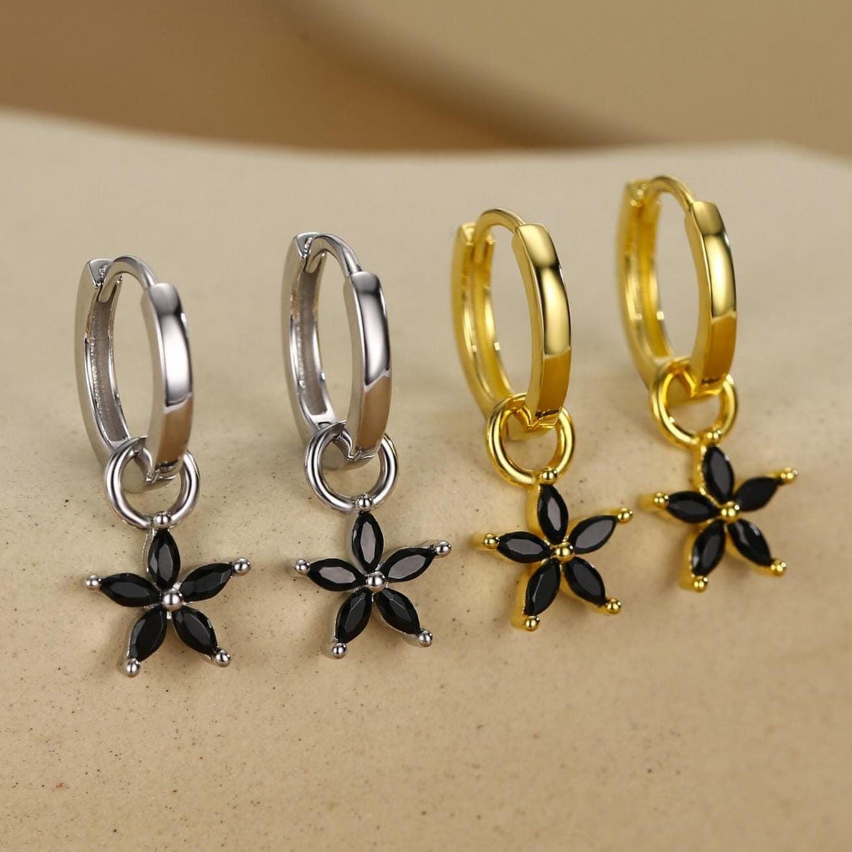 Black Flower CZ Huggie Hoop in Sterling Silver, Silver or Gold, Minimalist Simple Hoop Earrings, Detachable and Interchangeable