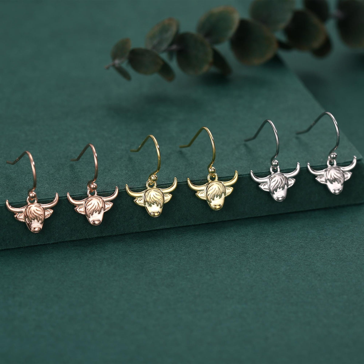 Highland Cow Drop Dangling Earrings in Sterling Silver, Silver or Gold or Rose Gold, Highland Cow Earrings, Cow Hook Earrings, Scottish