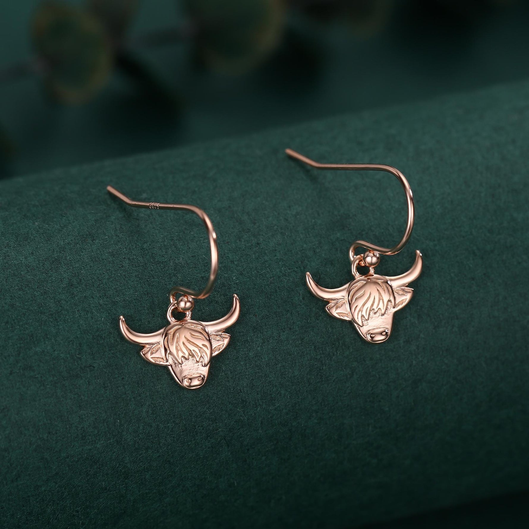 Highland Cow Drop Dangling Earrings in Sterling Silver, Silver or Gold or Rose Gold, Highland Cow Earrings, Cow Hook Earrings, Scottish