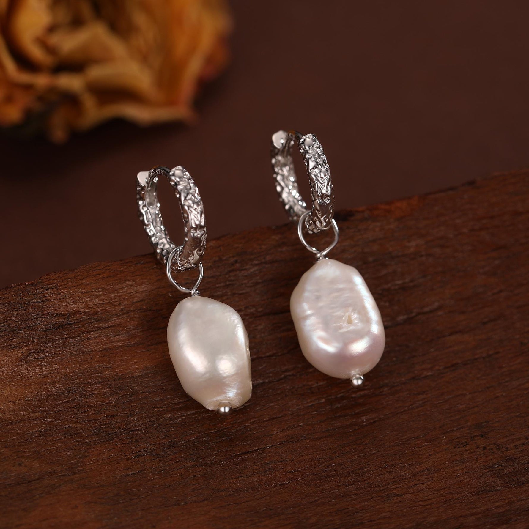Baroque Pearl Hammered Hoop Earrings in Sterling Silver