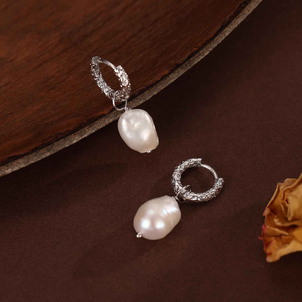 Baroque Pearl Hammered Hoop Earrings in Sterling Silver