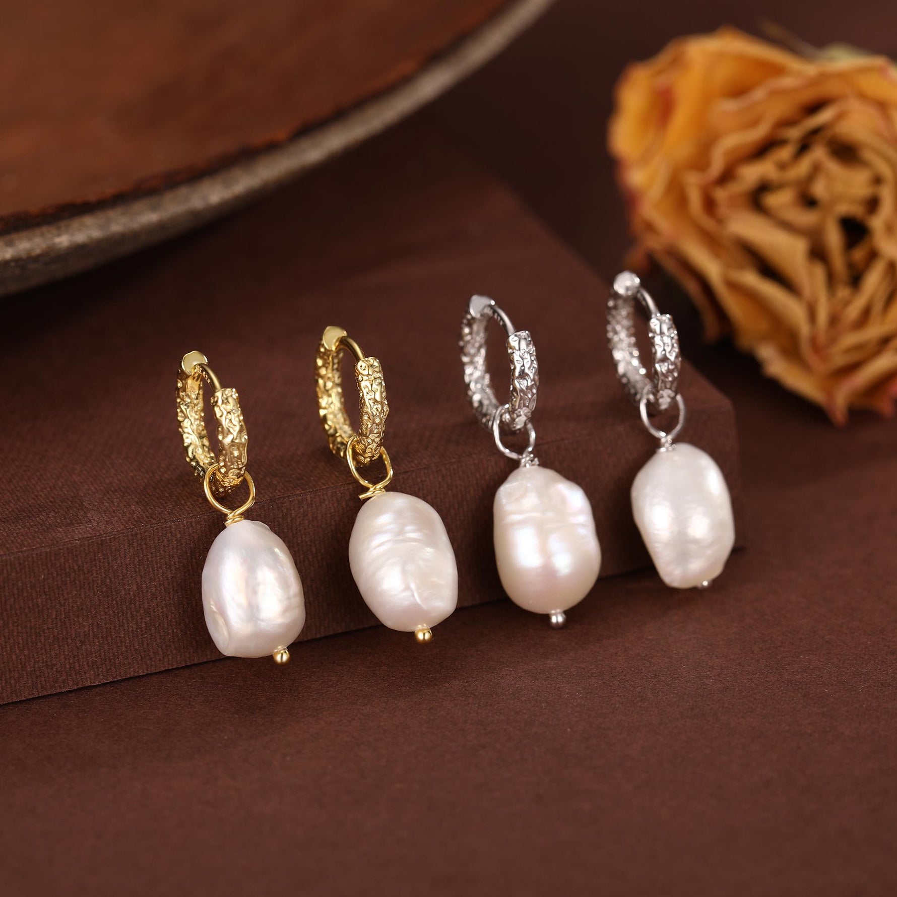 Baroque Pearl Hammered Hoop Earrings in Sterling Silver
