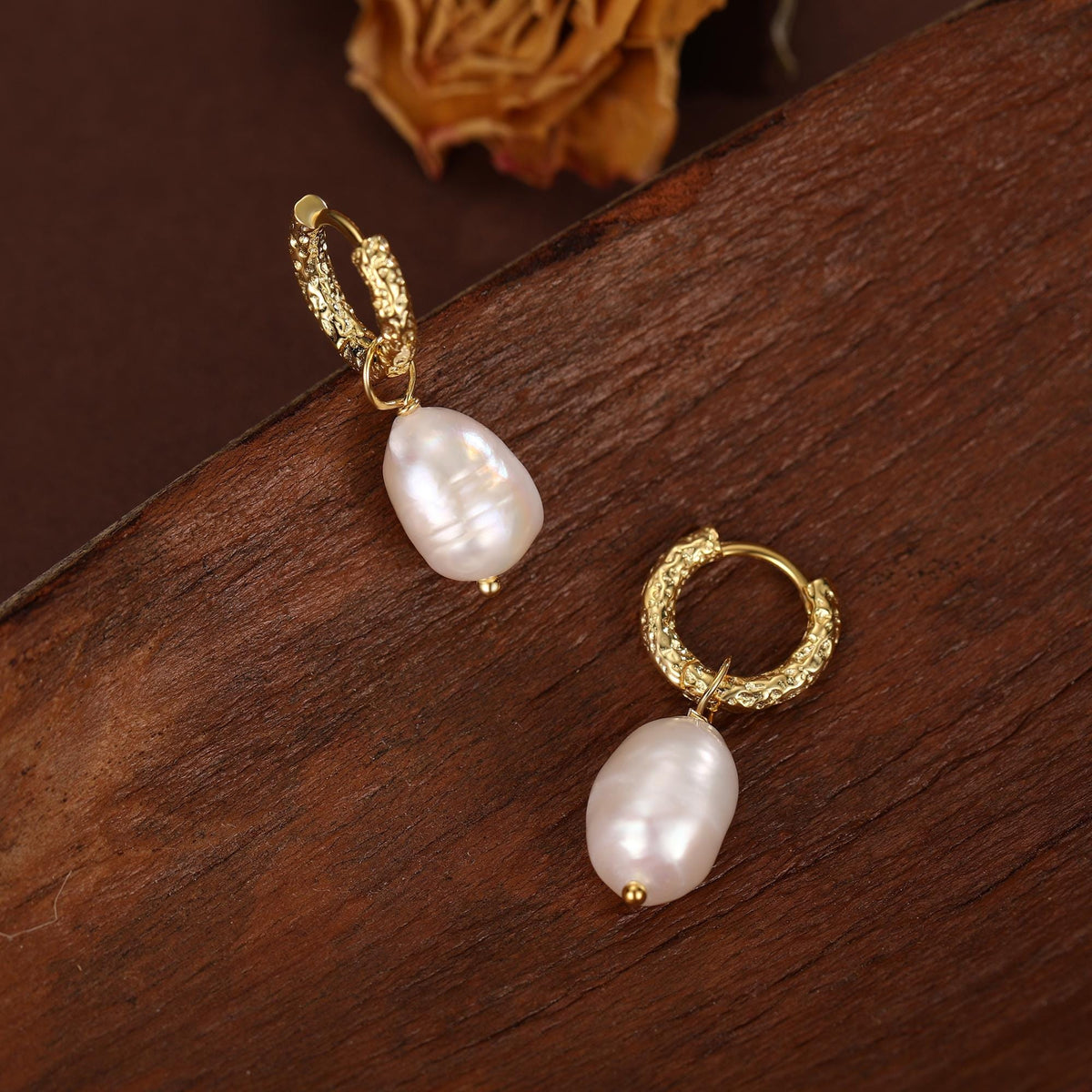 Baroque Pearl Hammered Hoop Earrings in Sterling Silver