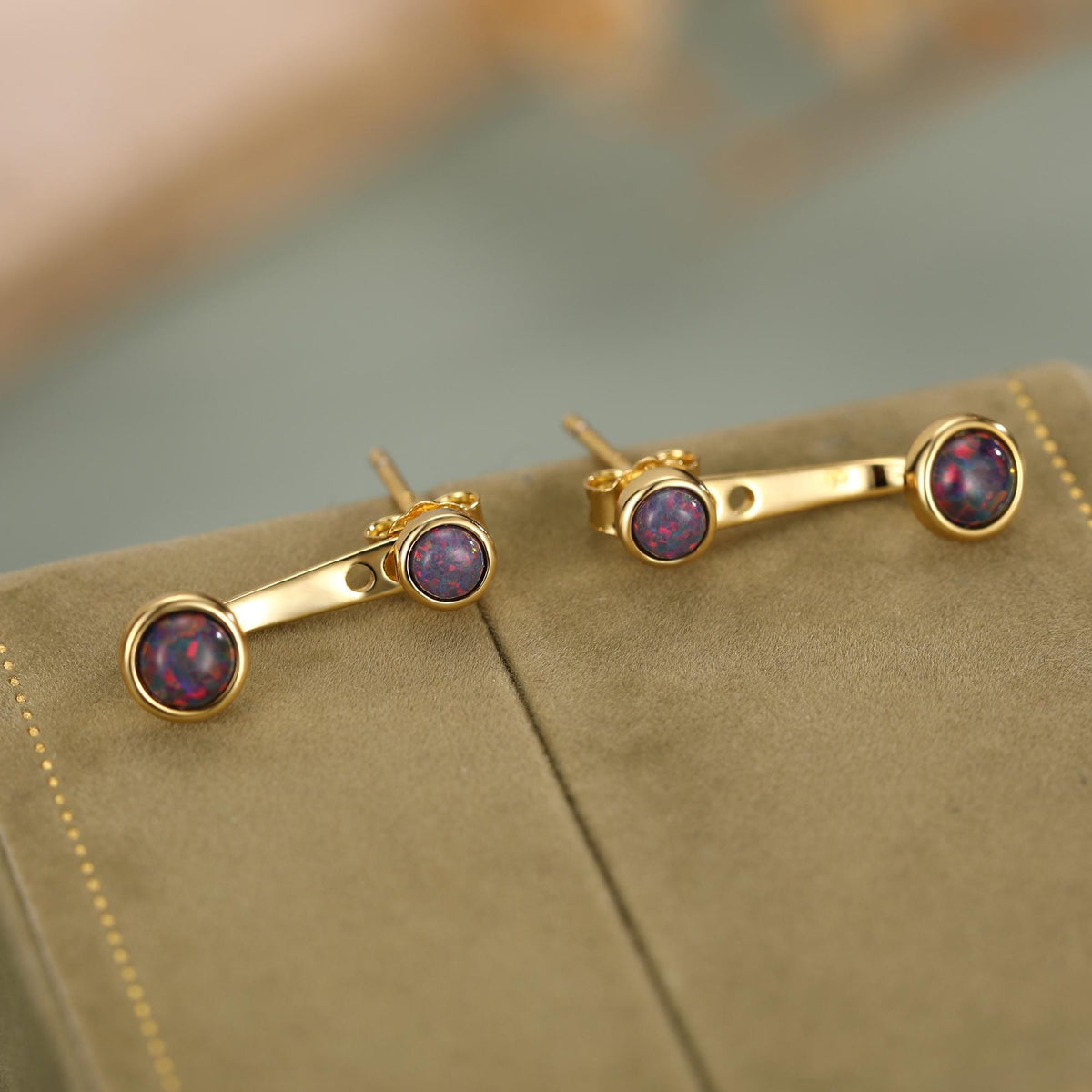 Black Opal Ear Jacket in Sterling Silver, Silver or Gold, Lab Opal Bezel Earrings, Front and Back Black Opal Earrings