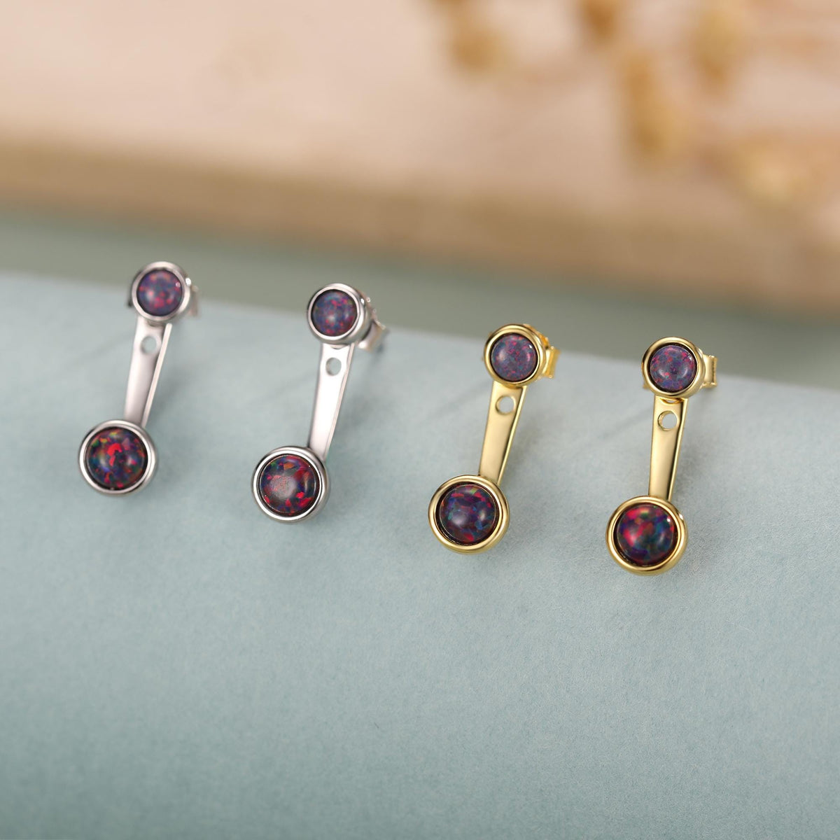 Black Opal Ear Jacket in Sterling Silver, Silver or Gold, Lab Opal Bezel Earrings, Front and Back Black Opal Earrings
