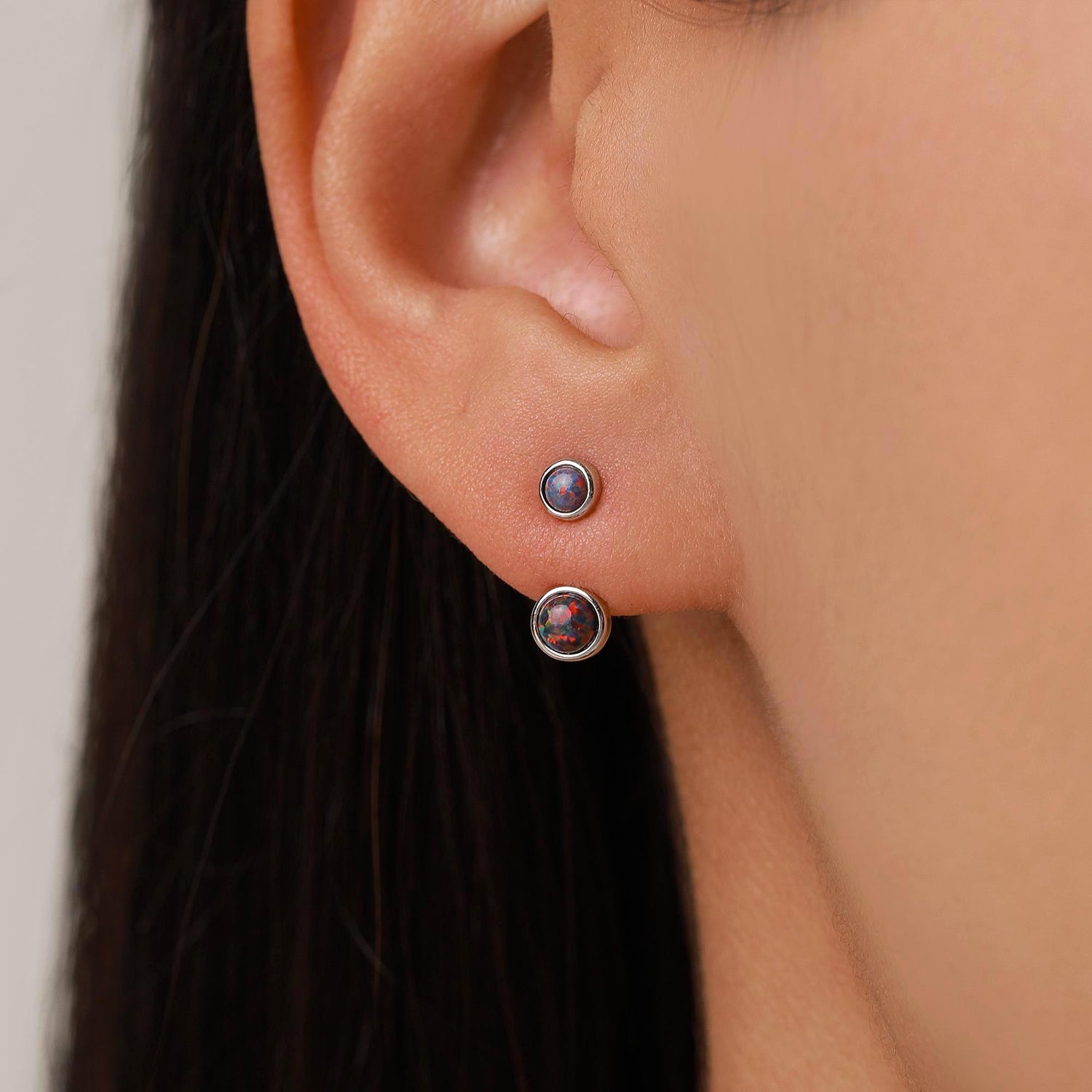 Black Opal Ear Jacket in Sterling Silver, Silver or Gold, Lab Opal Bezel Earrings, Front and Back Black Opal Earrings