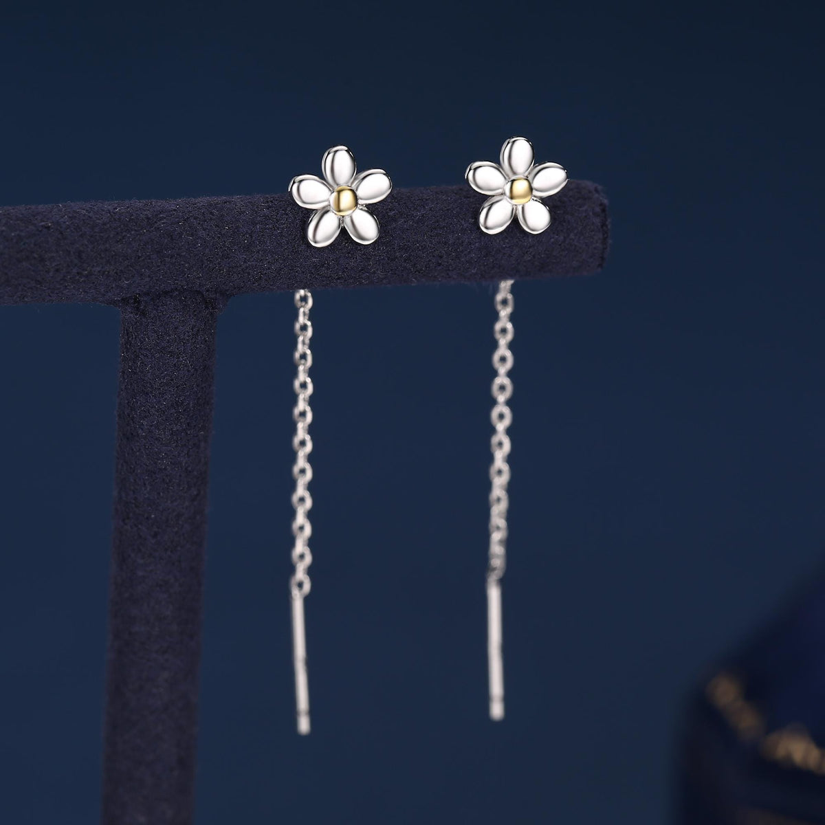 Sterling Silver Tiny Forget Me Not Flower Ear Threaders, Two Tone Flower Threader Earrings, Daily Dangle Earrings, Daisy Earrings
