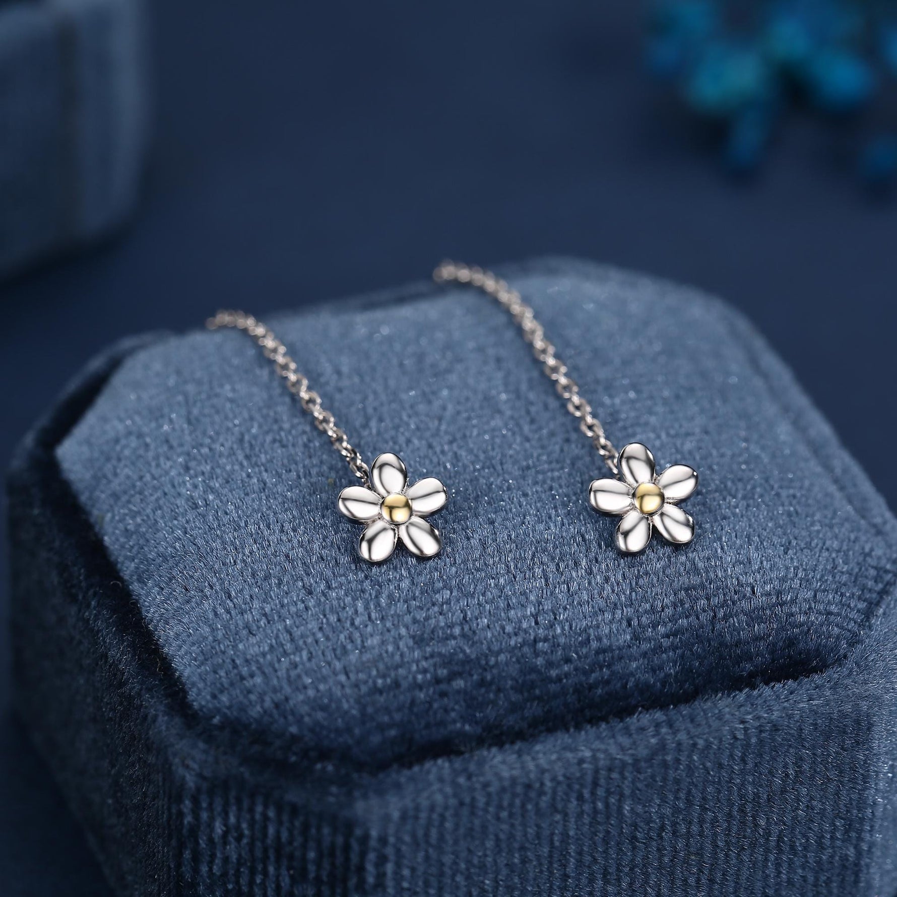 Sterling Silver Tiny Forget Me Not Flower Ear Threaders, Two Tone Flower Threader Earrings, Daily Dangle Earrings, Daisy Earrings