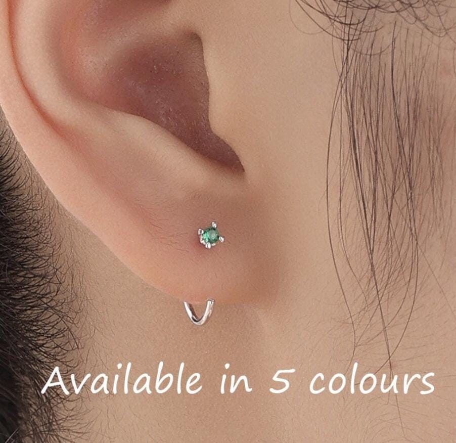Extra Tiny Sterling Silver 2mm CZ Huggie Hoop Earrings, Silver or Gold, Minimal CZ Open Huggies, CZ Open Hoops, C Hoops in Sterling Silver