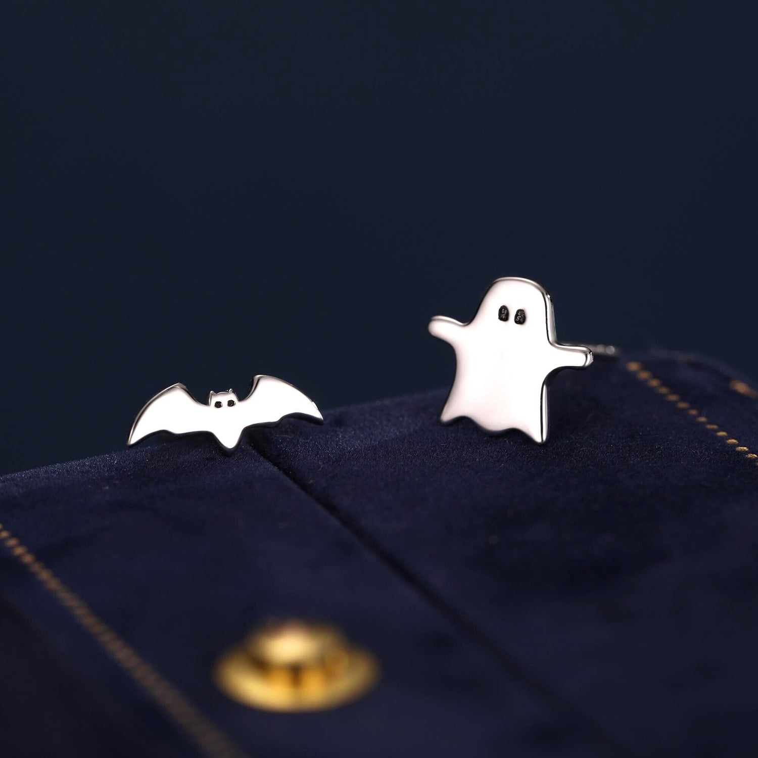 Mismatched Ghost and Bat Stud Earrings in Sterling Silver, Tiny Asymmetric Bat and Ghost Earrings