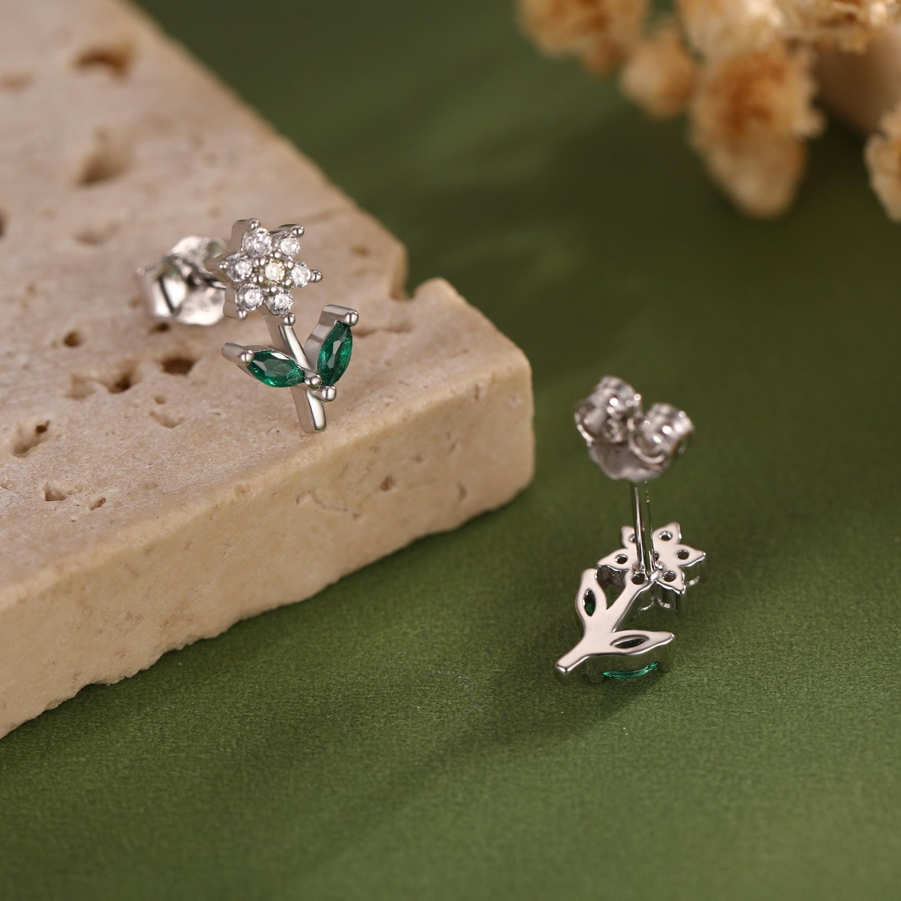 Opal Clear CZ Flower Stud Earrings in Sterling Silver, Silver, Gold, Delicate CZ Flower Stud Earrings