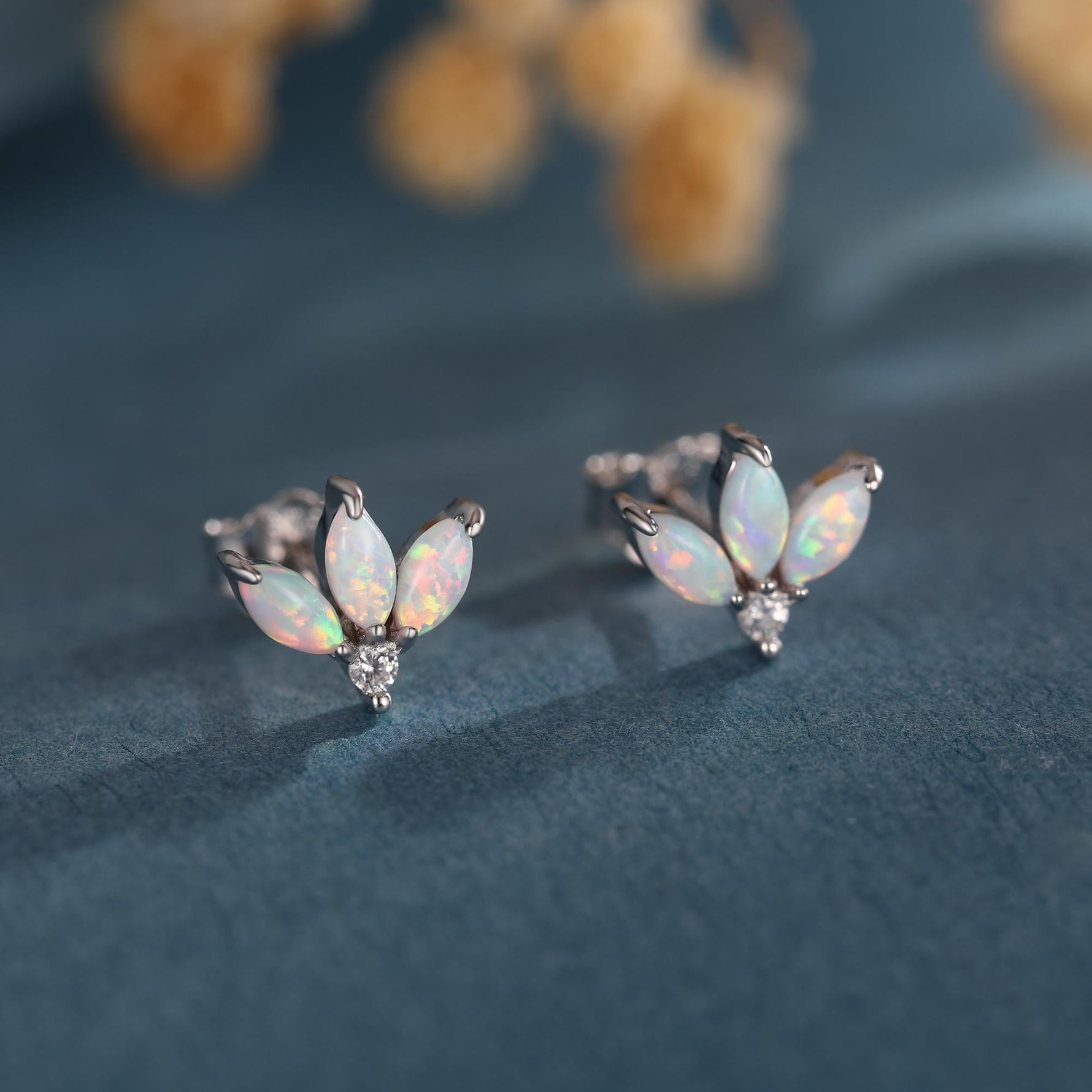 Sterling Silver White Opal Marquise Cluster CZ Stud Earrings, Marquise Fan Stud, Opal Crown Stud, Gold or Silver, Minimalist
