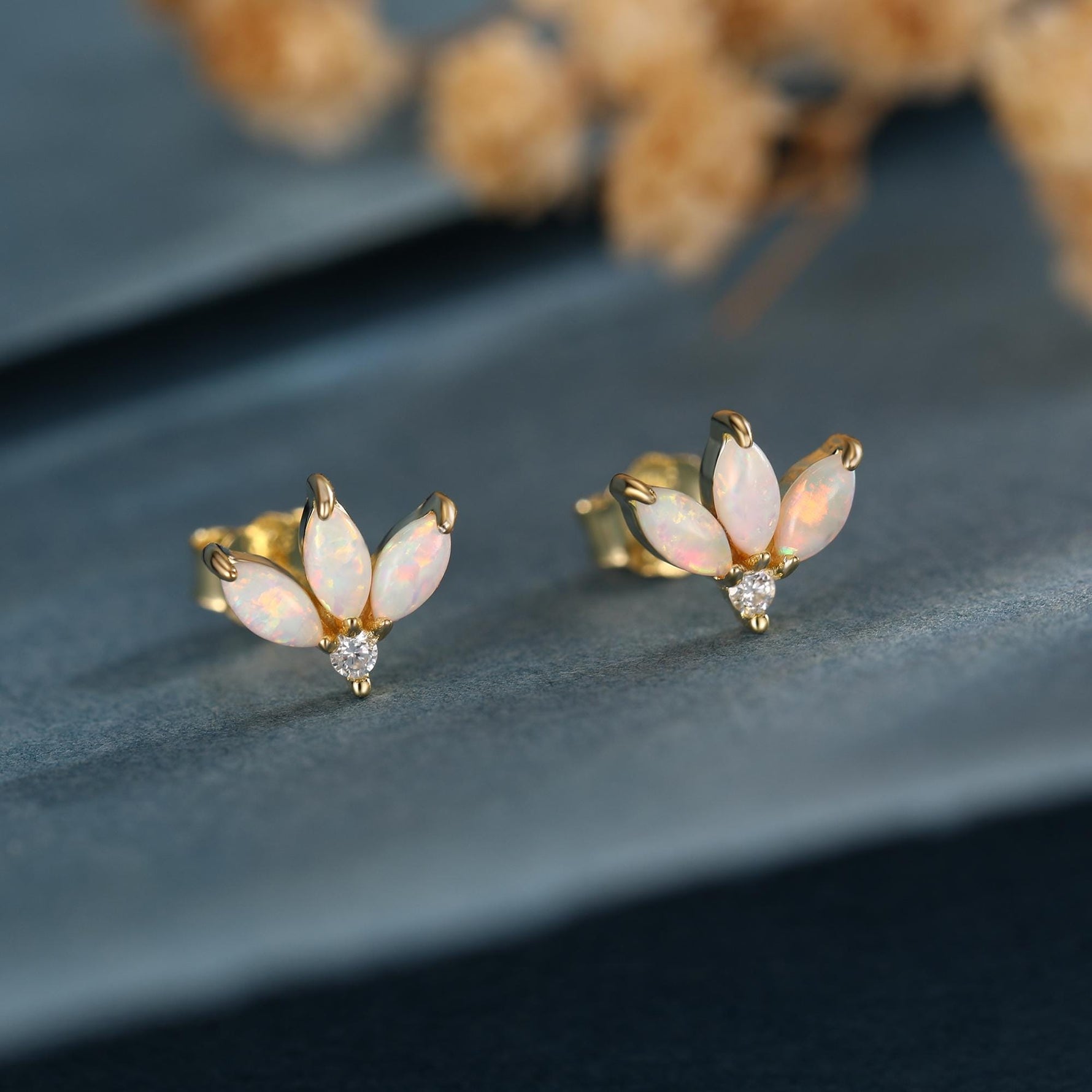 Sterling Silver White Opal Marquise Cluster CZ Stud Earrings, Marquise Fan Stud, Opal Crown Stud, Gold or Silver, Minimalist
