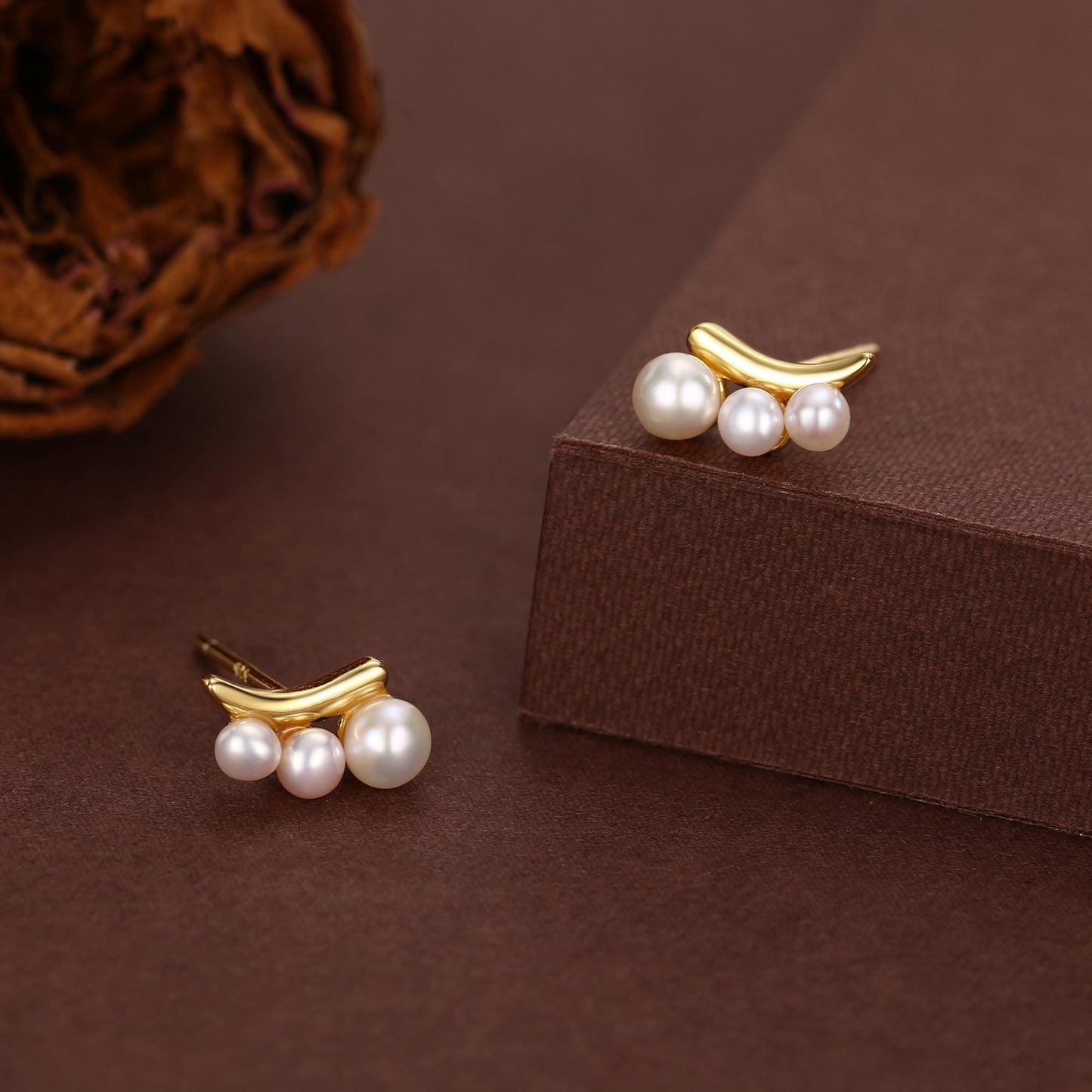 Natural Pearl Trio Stud Earrings in Sterling Silver, Curved Freshwater Pearl Mini Bar Earrings, Silver or Gold or Rose Gold, Pearl Earrings